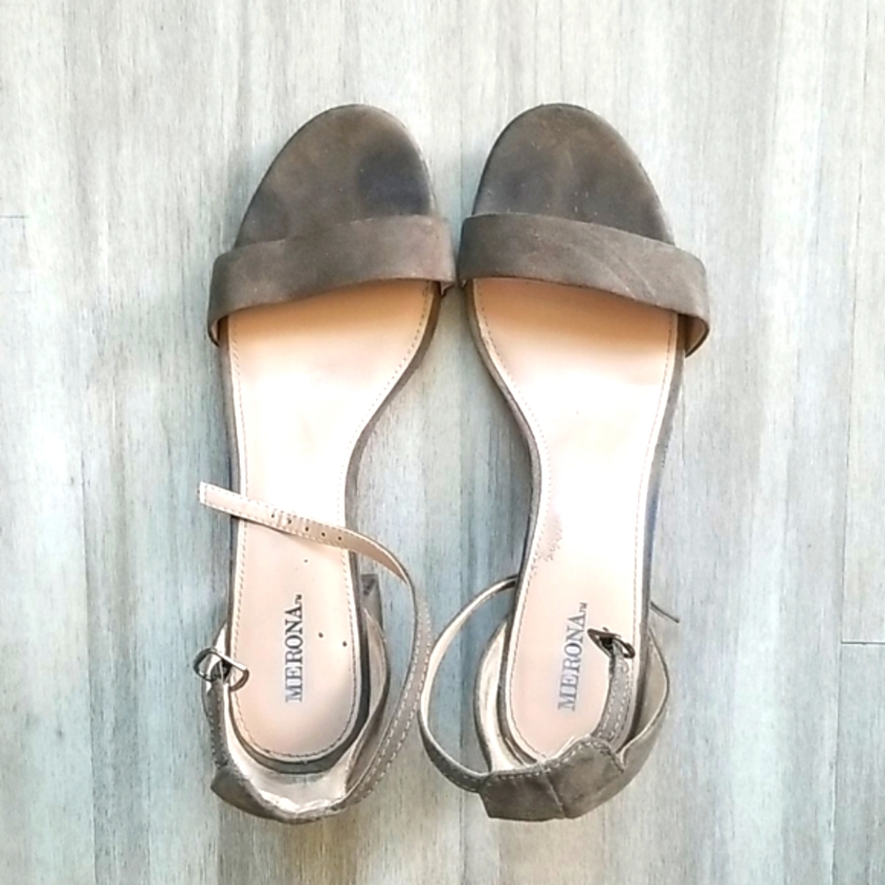 Merona Ankle Brace Khaki Suede Open Toe Heels Sandals Size 8.5